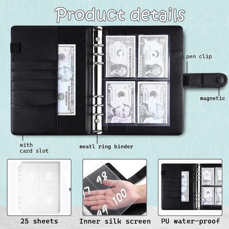 MUQING 100 Envelope Challenge Binder, 25 Sheets Silkscreen Numbers to 100, Not Stickers, Reusable Tracker, Easy and Fun 100 Envelopes Money Saving Challenge Save $5050, Budget Planner & Saving Money (Black) - Image 3